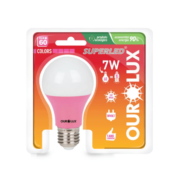 Lampada-Superled-Ouro-60-Colors-7W-Rosa-Ourolux Lampada-Superled-Ouro-60-Colors-7W-Rosa-Ourolux